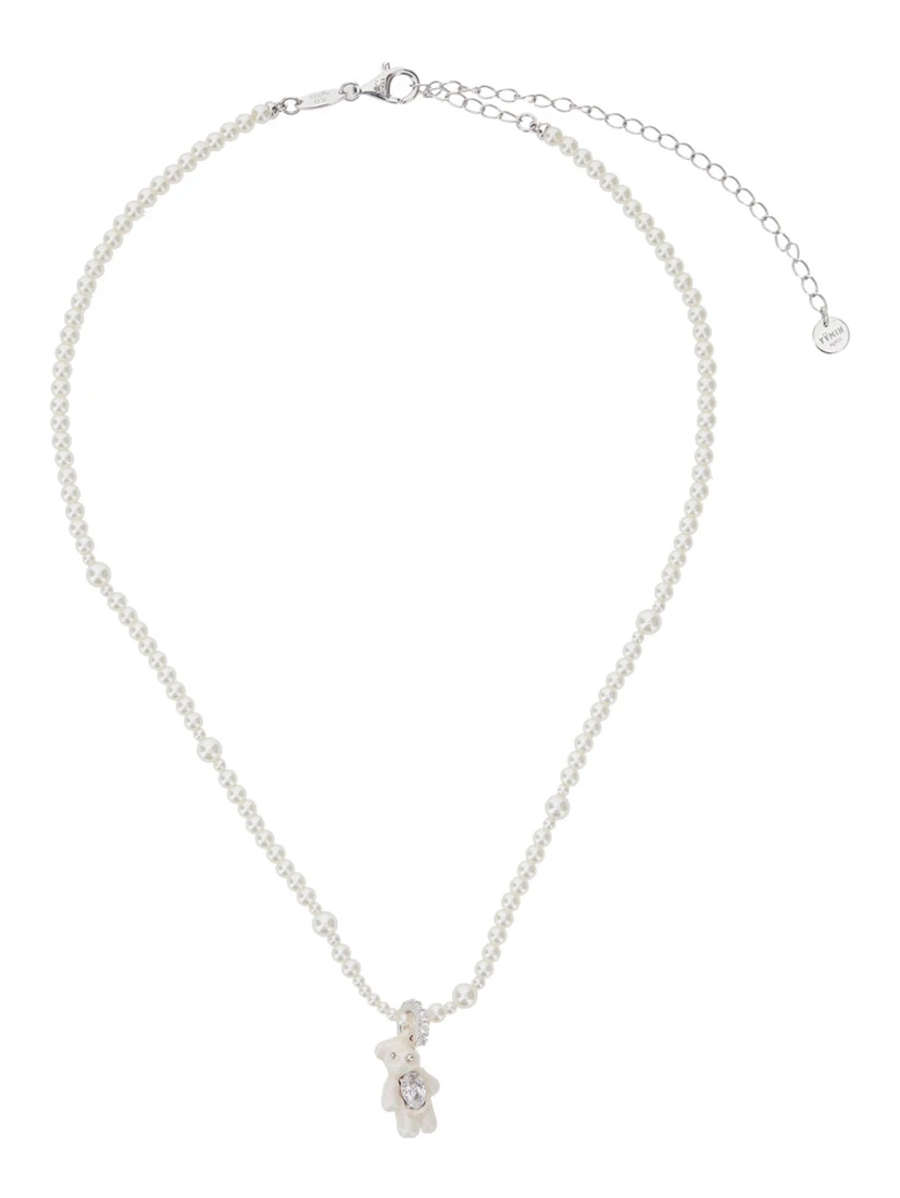 Mini Pearl Bear White Necklace with Peal Design and Bear Pendant in Metal and Pearls Woman