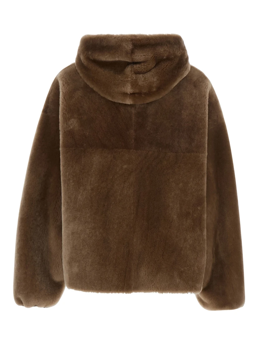 Brown Reversible Shearling Jacket with Drawstring Hood and Front Zip Closure in Fur Woman