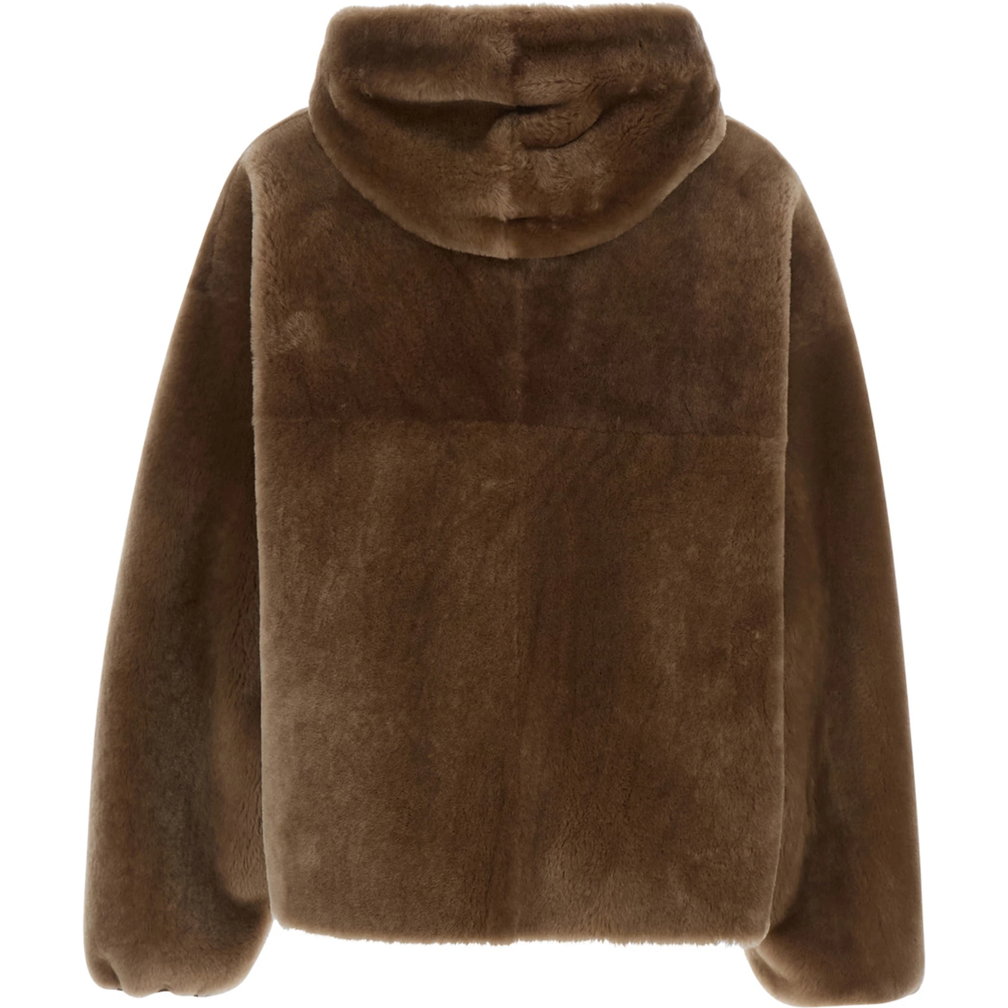 Brown Reversible Shearling Jacket with Drawstring Hood and Front Zip Closure in Fur Woman