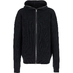 Black Hooded Sweatshirt with Front Zip Closure in Wool Man