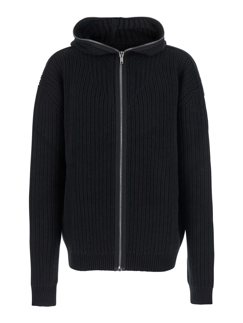 Black Hooded Sweatshirt with Front Zip Closure in Wool Man