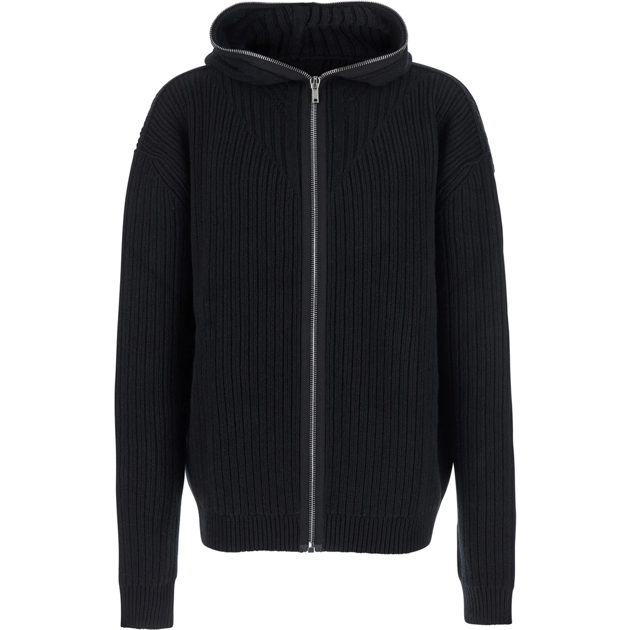 Black Hooded Sweatshirt with Front Zip Closure in Wool Man