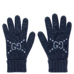 Blue Gloves with GG Logo Detail on the Front in Cashmere Woman