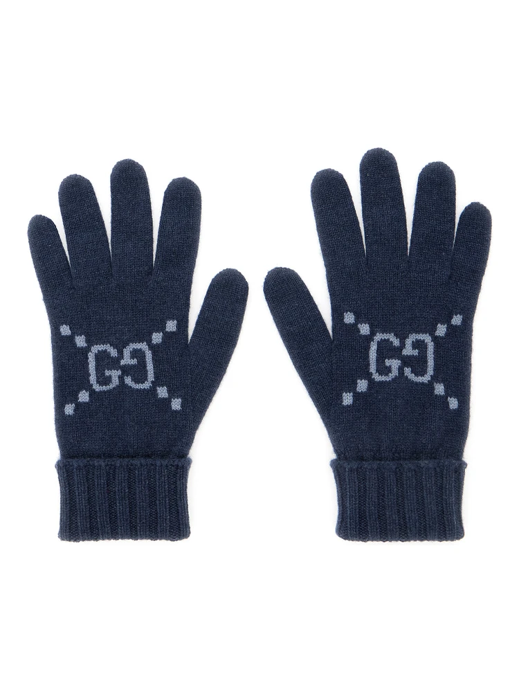 Blue Gloves with GG Logo Detail on the Front in Cashmere Woman