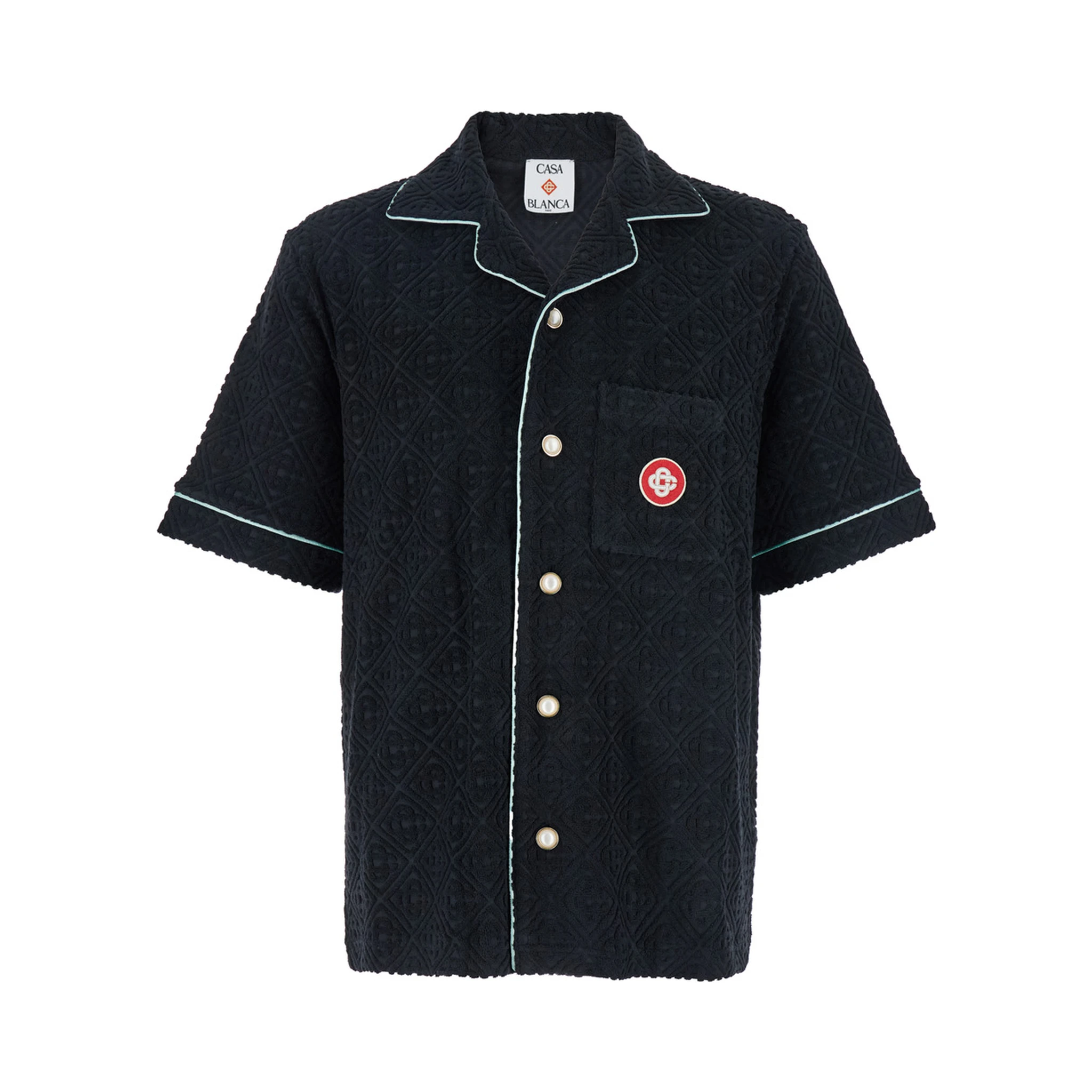 Black Shirt with Classic Lapels and All-Over Embossed Monogram in Cotton Man