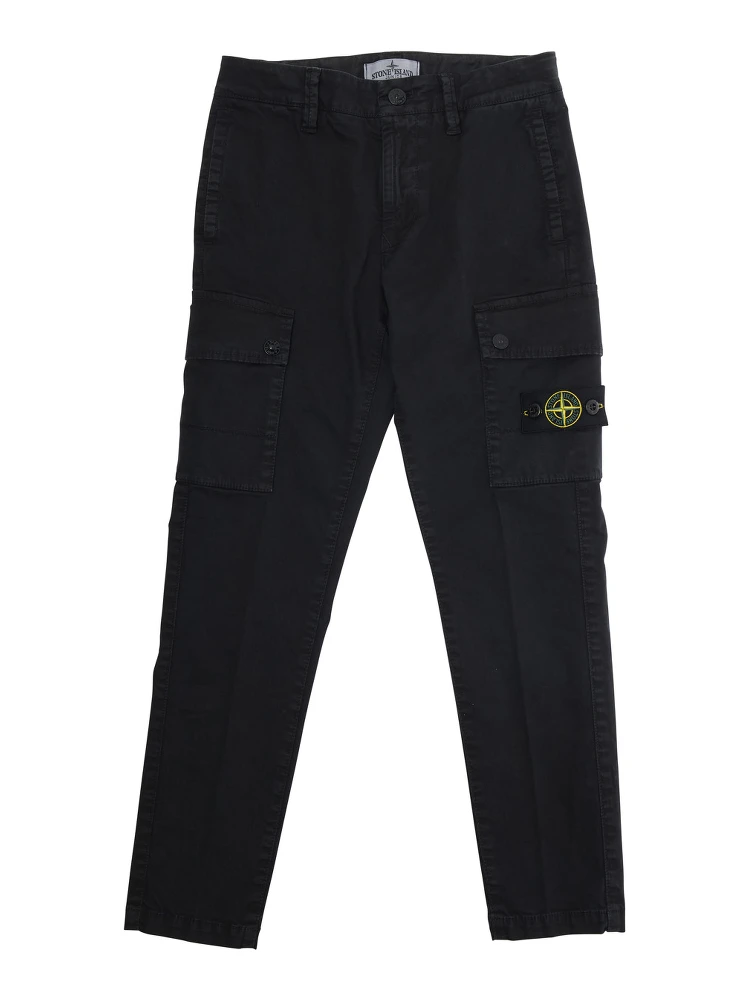Black Pants with Two Front Cargo Pockets and Logo Patch on the Pocket in Cotton Stretch Boy