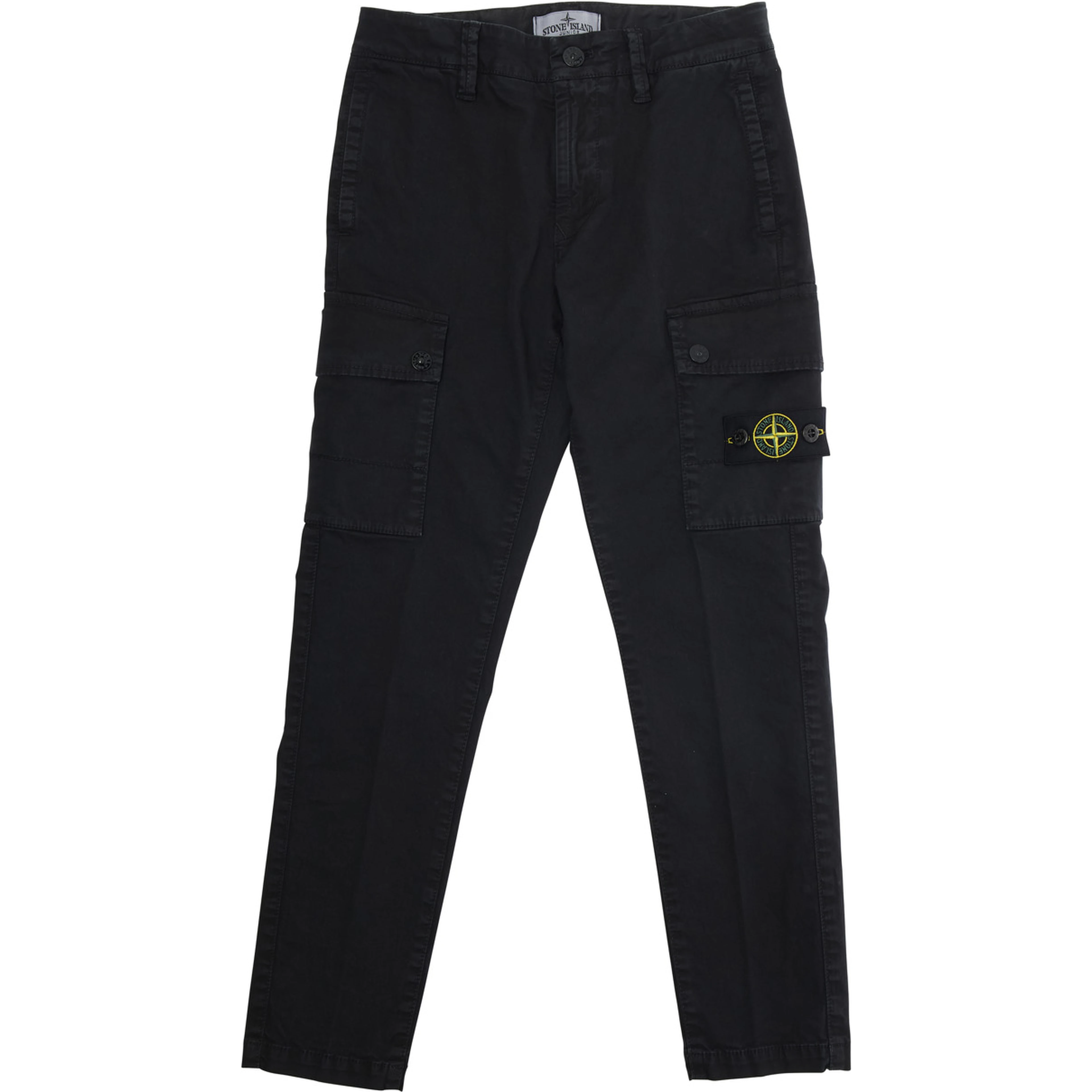 Black Pants with Two Front Cargo Pockets and Logo Patch on the Pocket in Cotton Stretch Boy
