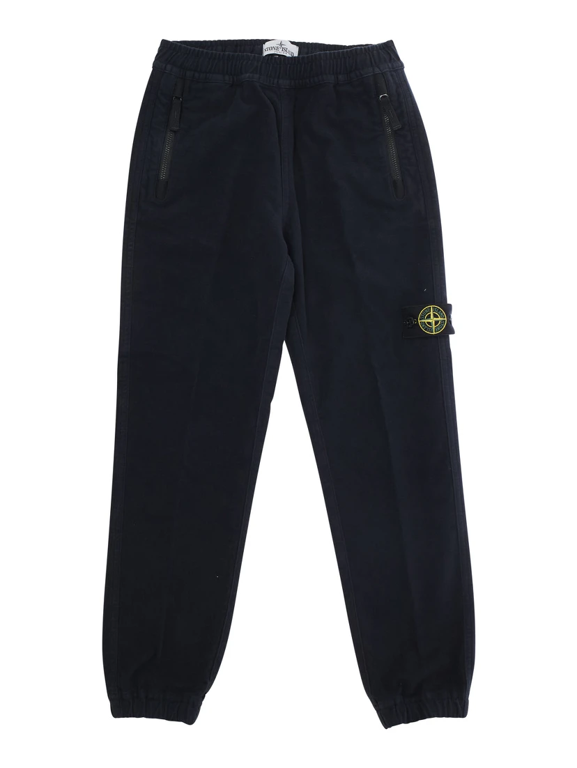 Blue Pants with Elastic Waist and Logo Patch on the Front in Cotton Stretch Boy