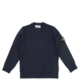 Blue Crewneck Sweater with Logo Patch on the Sleeve in Ribbed Trims in Wool and Cashmere Blend Boy