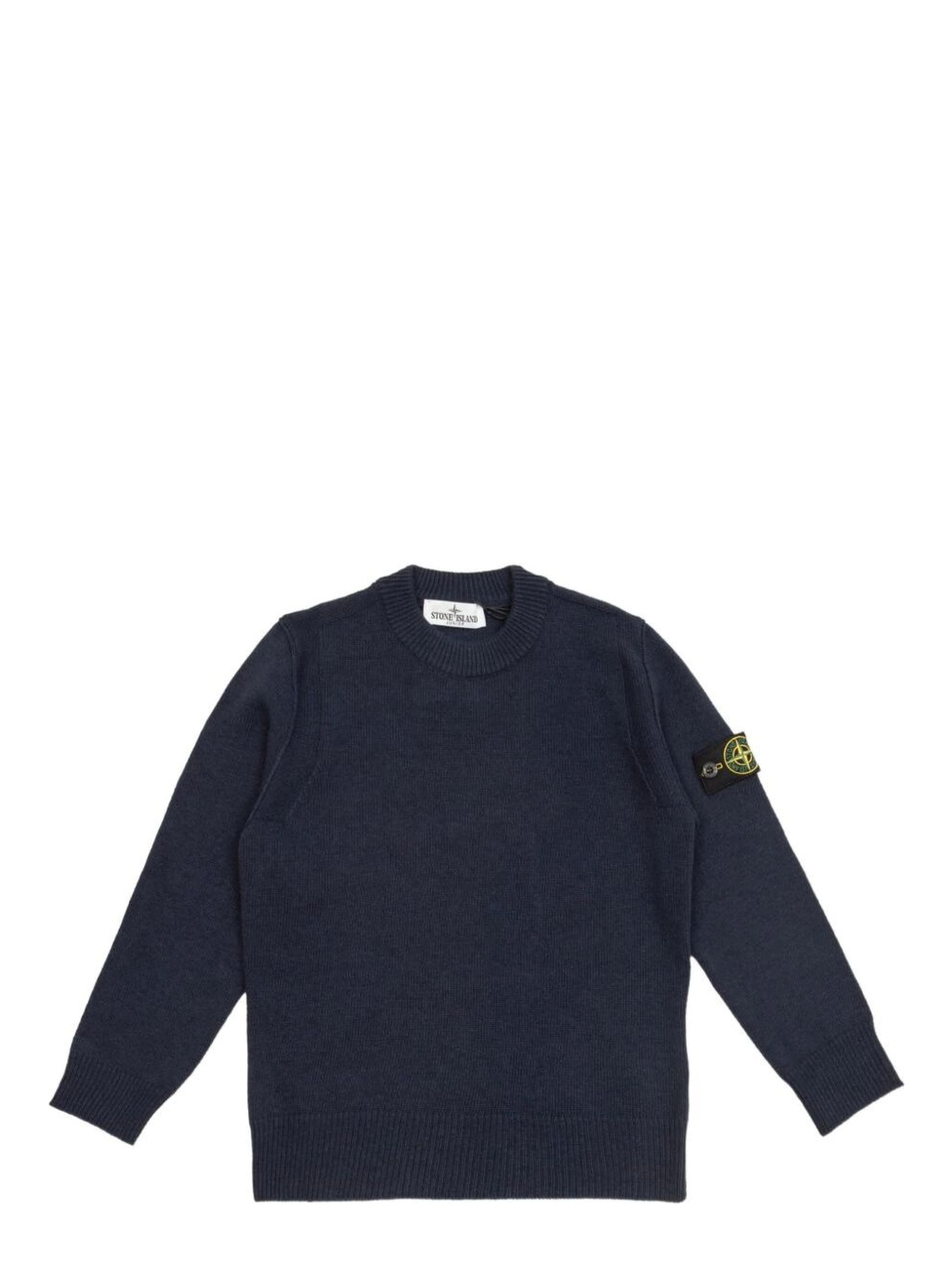 Blue Crewneck Sweater with Logo Patch on the Sleeve in Ribbed Trims in Wool and Cashmere Blend Boy