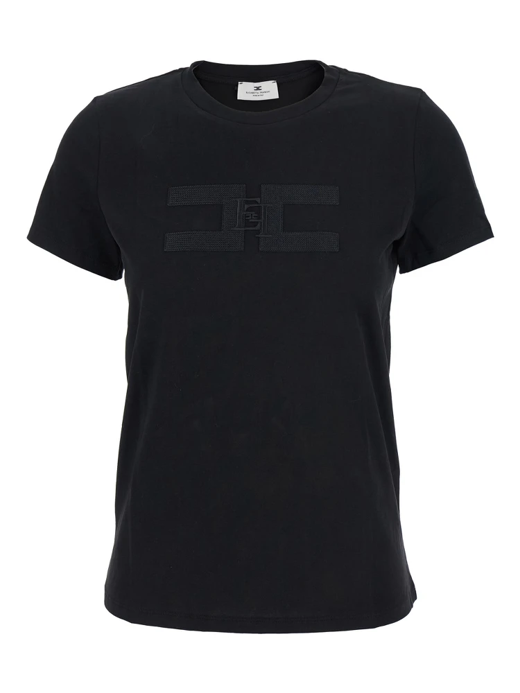 Black T-Shirt with Embroidered Logo on the Front in Cotton Woman