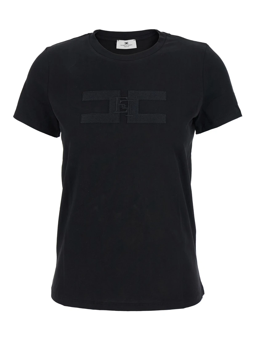 Black T-Shirt with Embroidered Logo on the Front in Cotton Woman