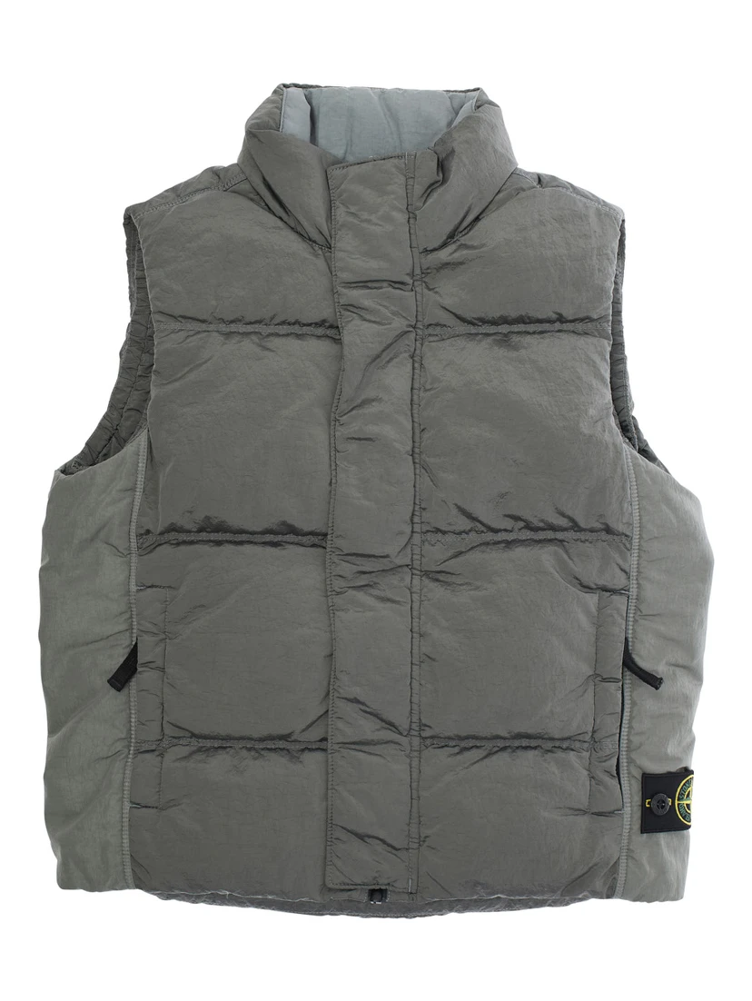 Grey Sleeveless Down Jacket with Logo Patch on the Front in Tech Fabric Boy