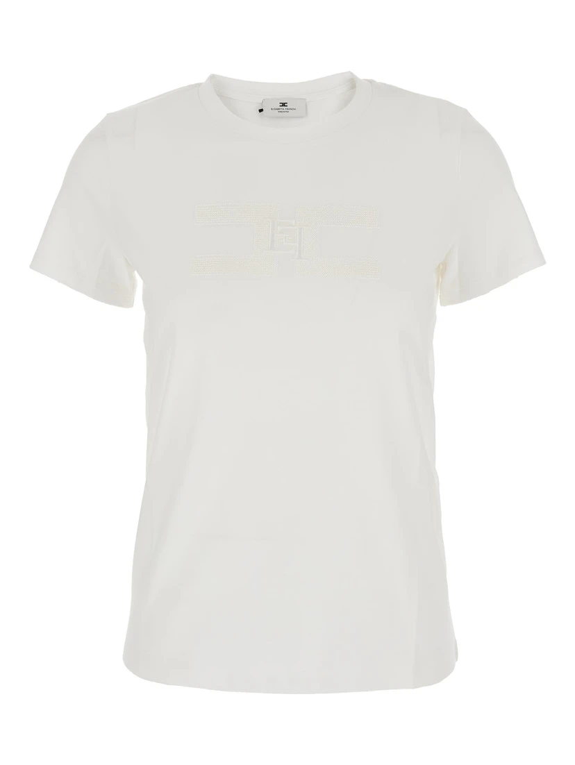 White T-Shirt with Embroidered Logo on the Front in Cotton Woman