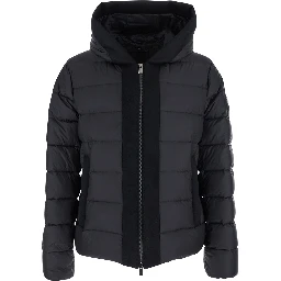 Liko Black Down Jacket with Drawstring Hood and Logo Patch on the Side in Tech Fabric Man