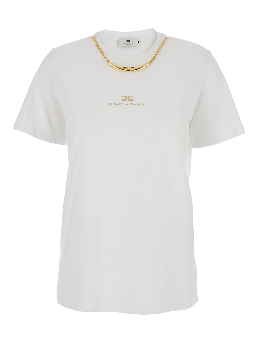 White T-Shirt with Metallic Logo on the Front in Cotton Woman