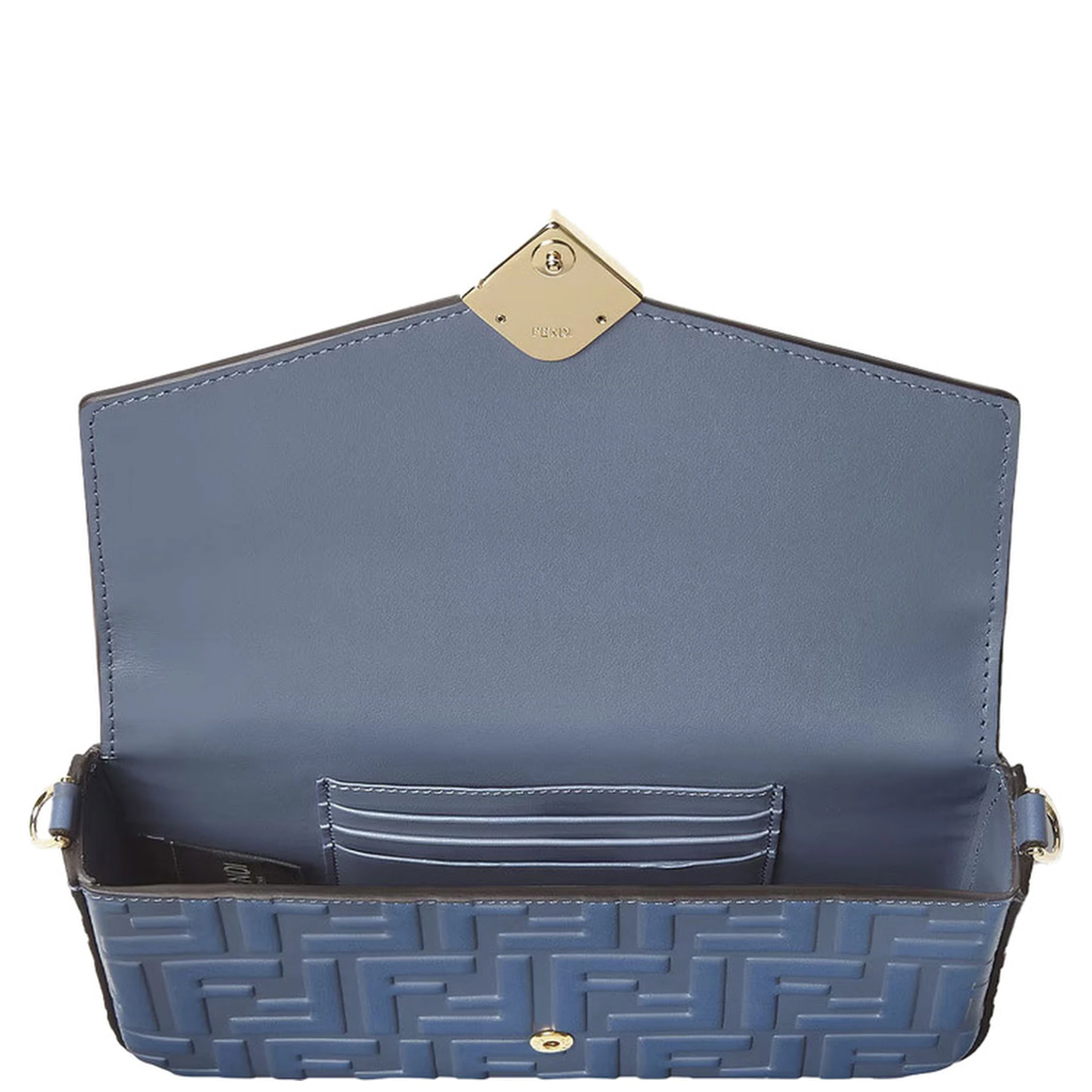 Blue Mini Bag with Chain-Link Shoulder Strap and All-Over FF Embossed Motif in Leather Woman