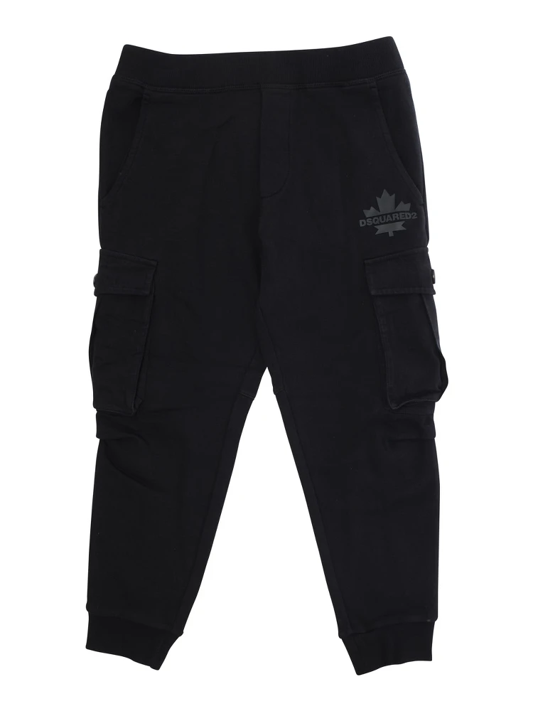 Black Cargo Trousers with Patch Pockets and Logo in Cotton Boy