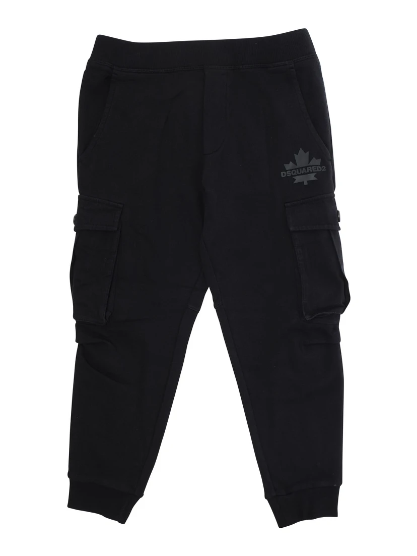 Black Cargo Trousers with Patch Pockets and Logo in Cotton Boy