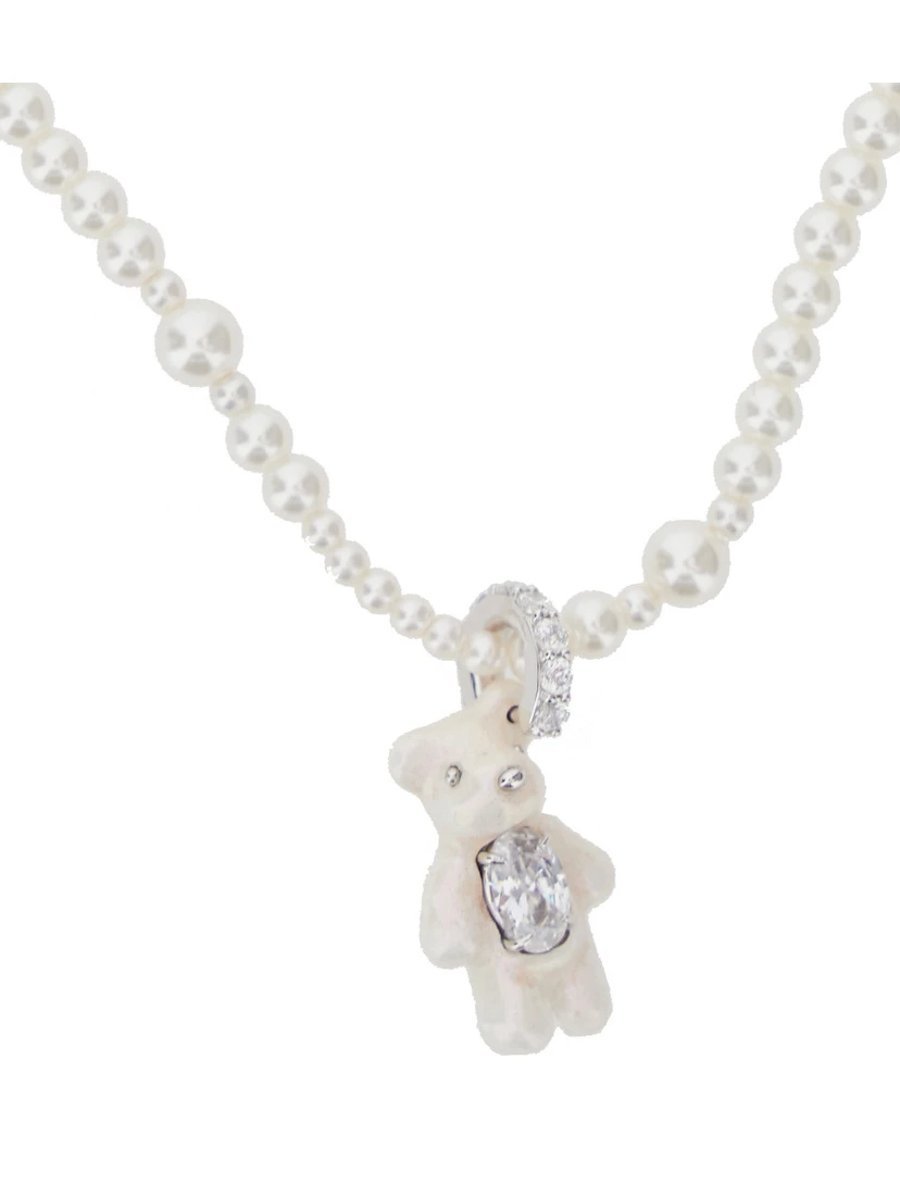 Mini Pearl Bear White Necklace with Peal Design and Bear Pendant in Metal and Pearls Woman
