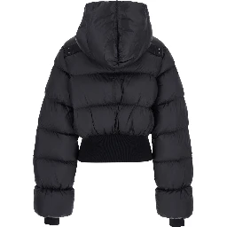 Black Down Jacket with Crop Design and Fixed Hood in Tech Fabric Woman