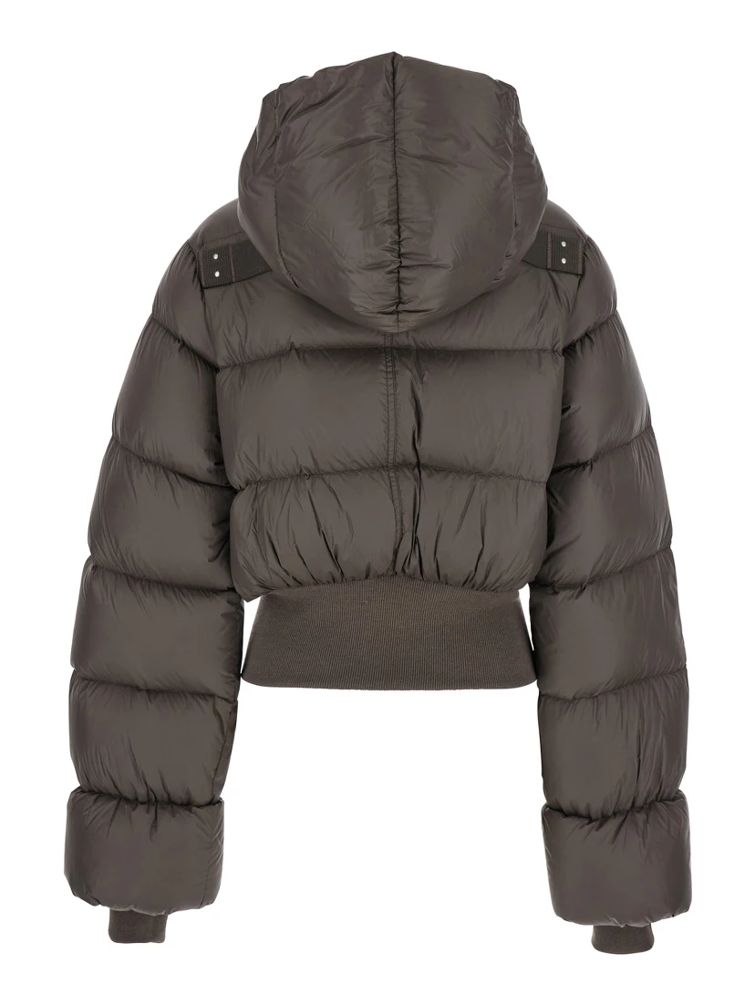 Brown Down Jacket with Crop Design and Fixed Hood in Tech Fabric Woman