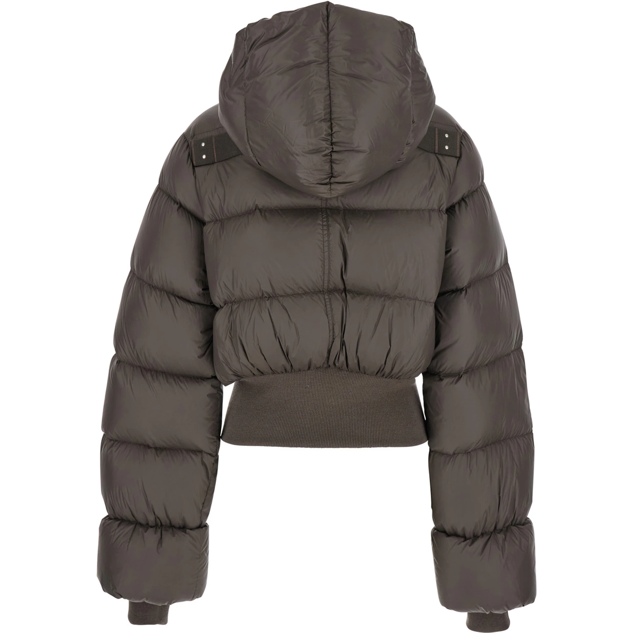 Brown Down Jacket with Crop Design and Fixed Hood in Tech Fabric Woman