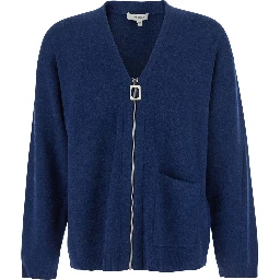 Blue Cardigan with V Neck and and Front Zip Closure in Wool Blend Man