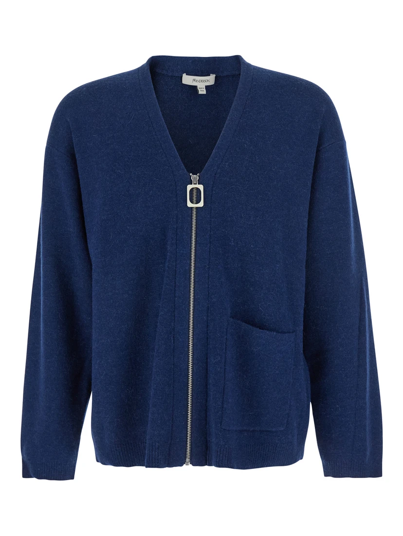 Blue Cardigan with V Neck and and Front Zip Closure in Wool Blend Man