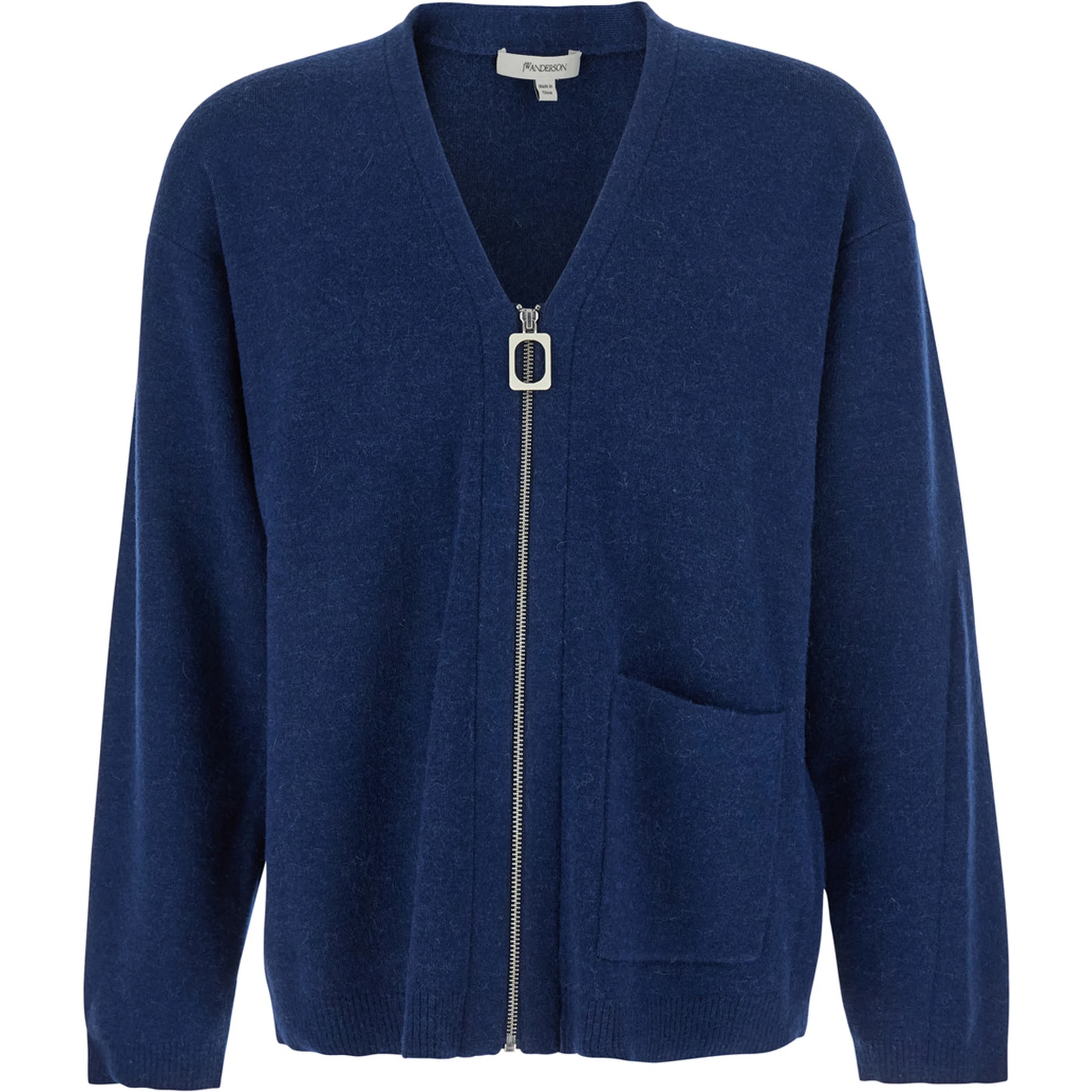 Blue Cardigan with V Neck and and Front Zip Closure in Wool Blend Man