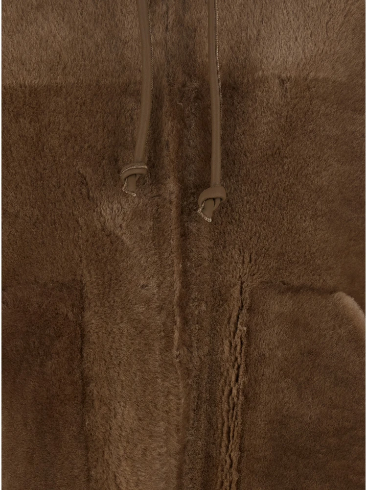 Brown Reversible Shearling Jacket with Drawstring Hood and Front Zip Closure in Fur Woman alternative