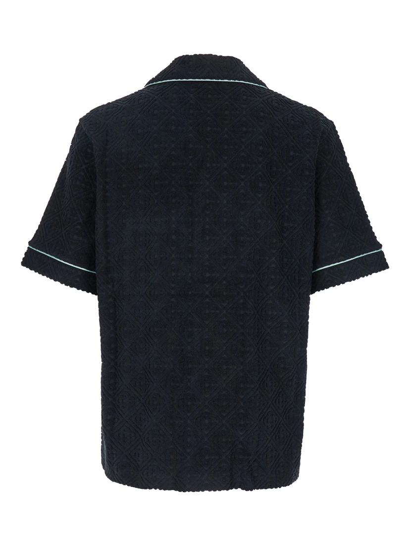 Black Shirt with Classic Lapels and All-Over Embossed Monogram in Cotton Man