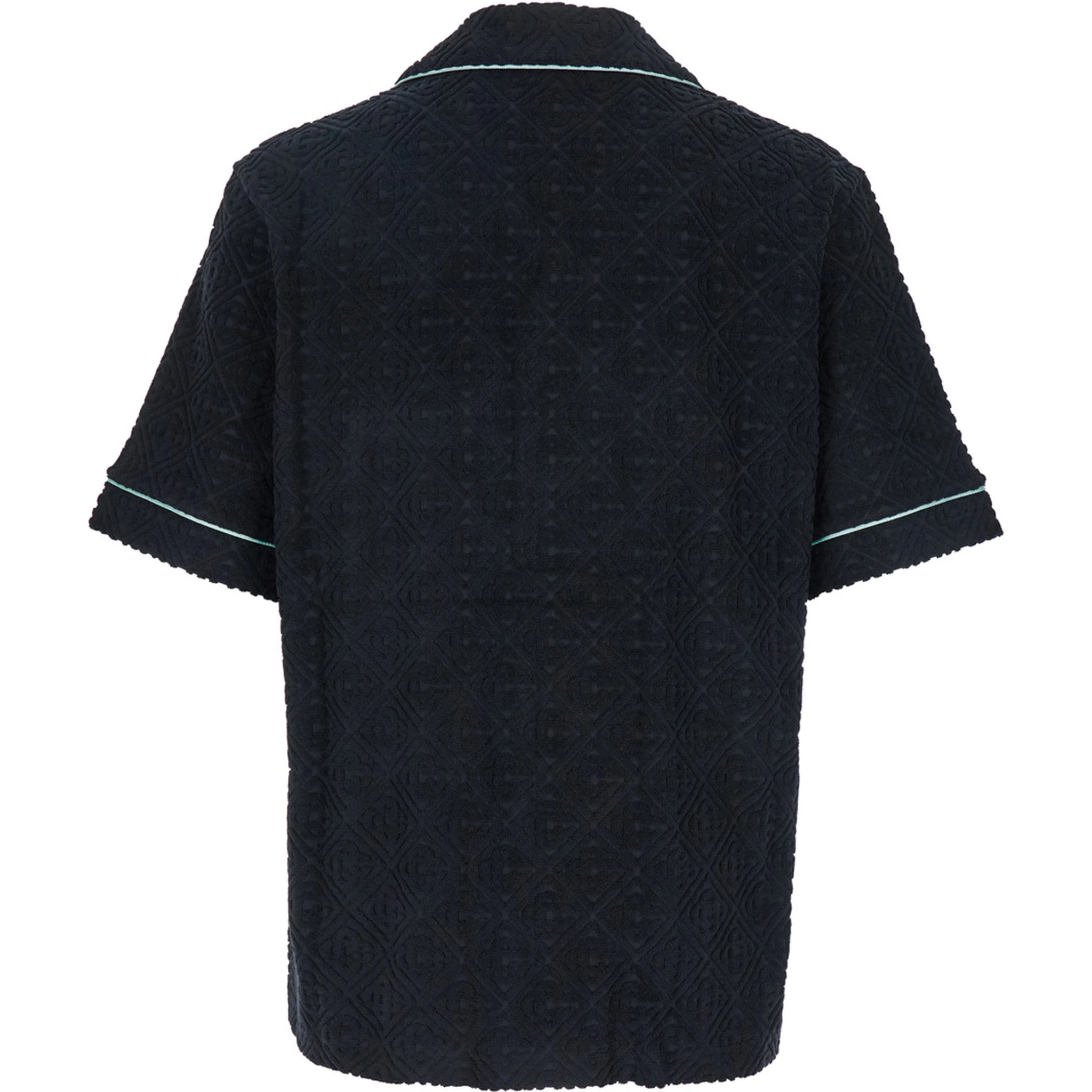 Black Shirt with Classic Lapels and All-Over Embossed Monogram in Cotton Man