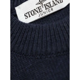 Blue Crewneck Sweater with Logo Patch on the Sleeve in Ribbed Trims in Wool and Cashmere Blend Boy