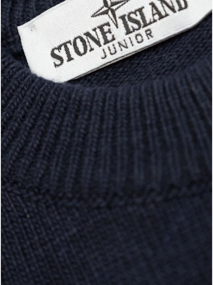 Blue Crewneck Sweater with Logo Patch on the Sleeve in Ribbed Trims in Wool and Cashmere Blend Boy alternative