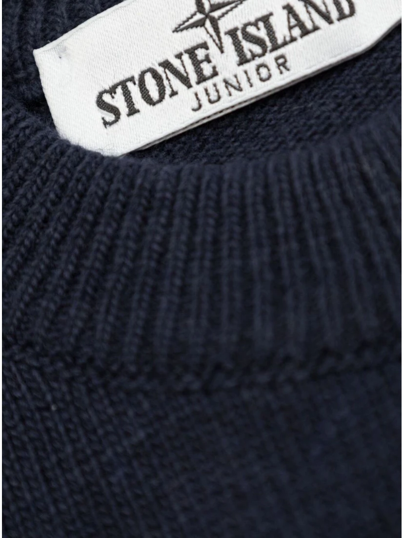 Blue Crewneck Sweater with Logo Patch on the Sleeve in Ribbed Trims in Wool and Cashmere Blend Boy