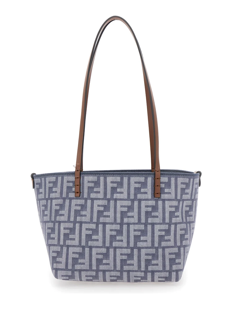 Blue Reversible Tote Bag with Two Top Leather Handles and All-Over FF Motif in Cotton Woman