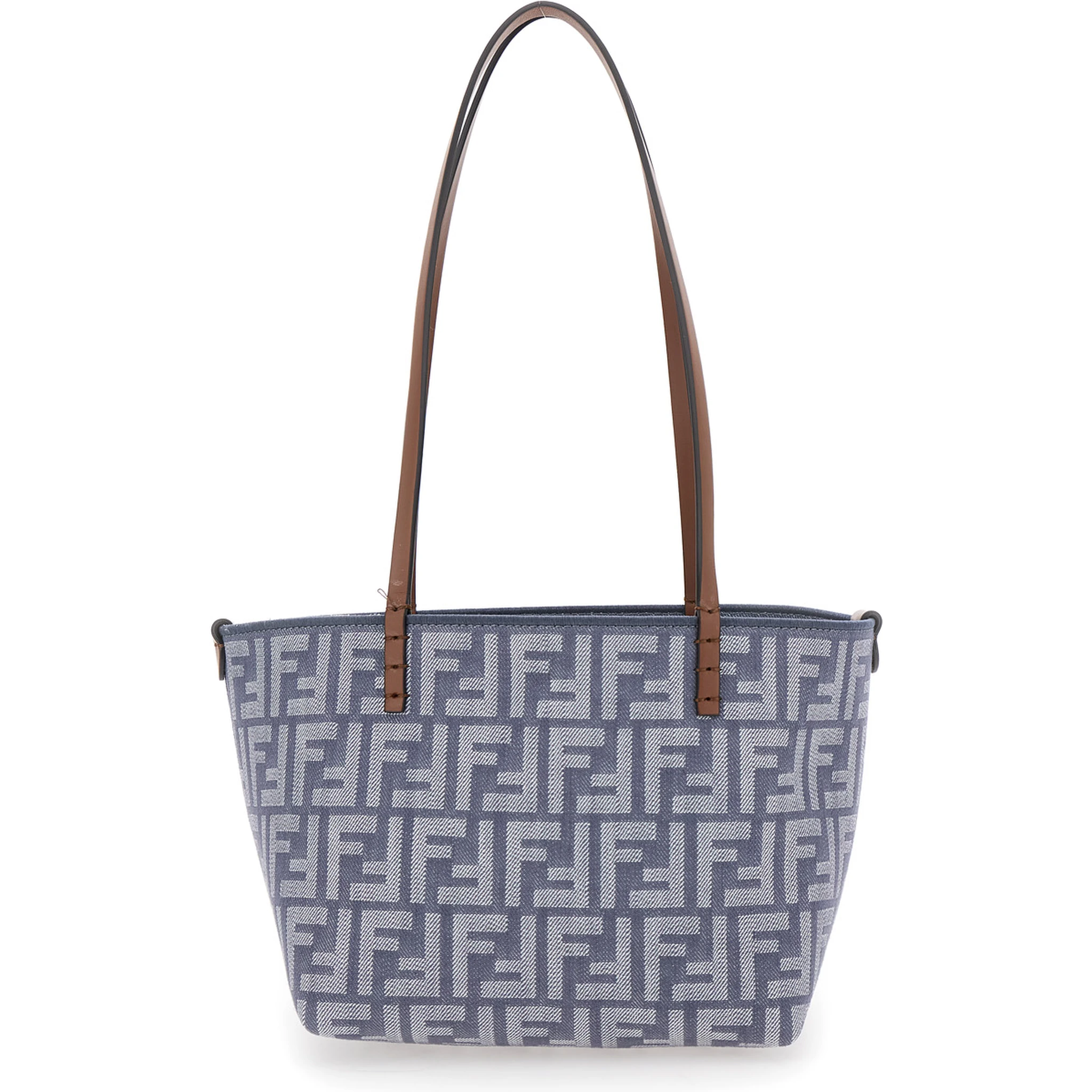 Blue Reversible Tote Bag with Two Top Leather Handles and All-Over FF Motif in Cotton Woman