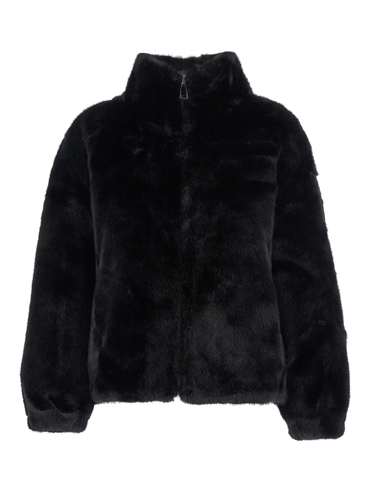Annie Black Fur Jacket with Classic Collar and Front Zip Closure in Ecofur Woman