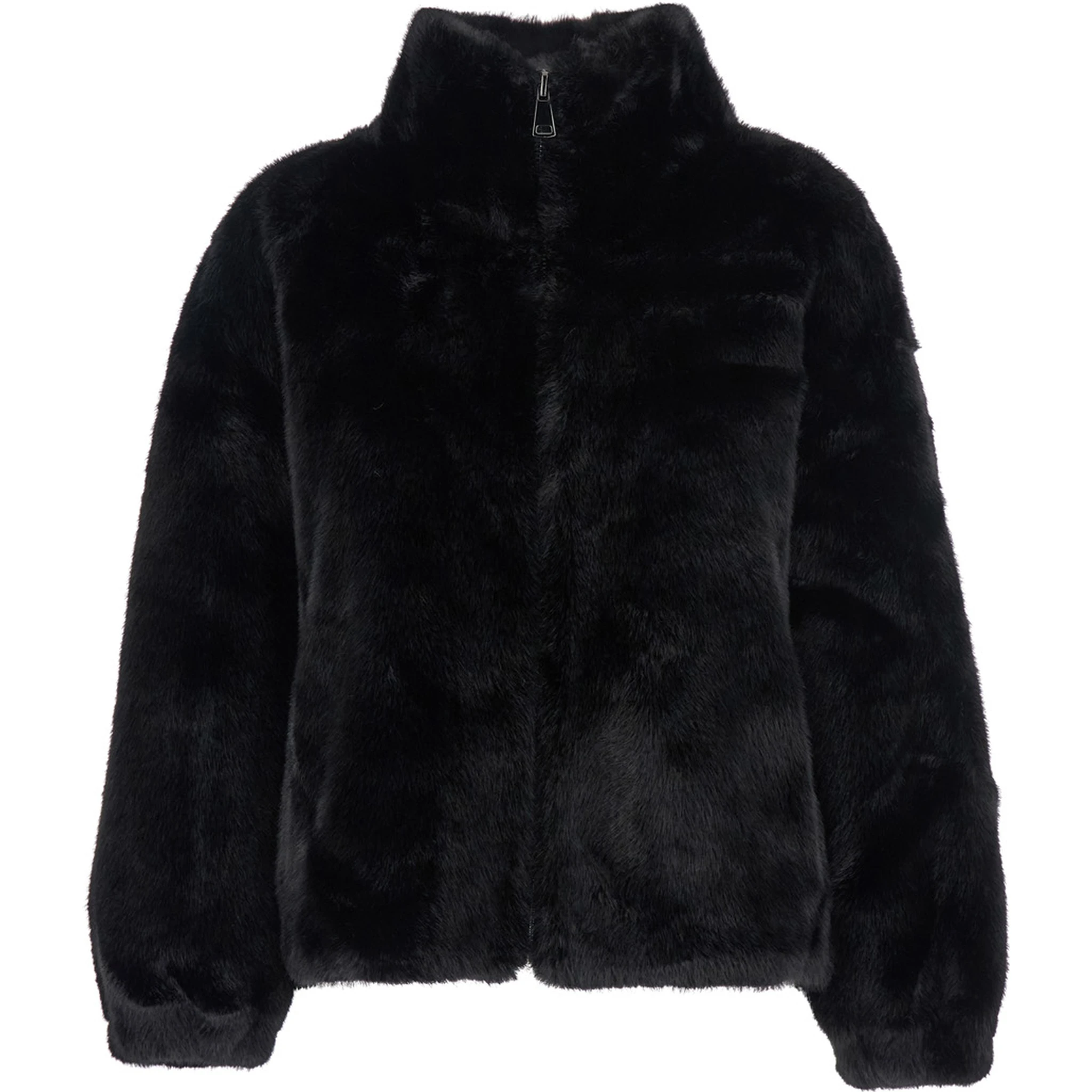 Annie Black Fur Jacket with Classic Collar and Front Zip Closure in Ecofur Woman