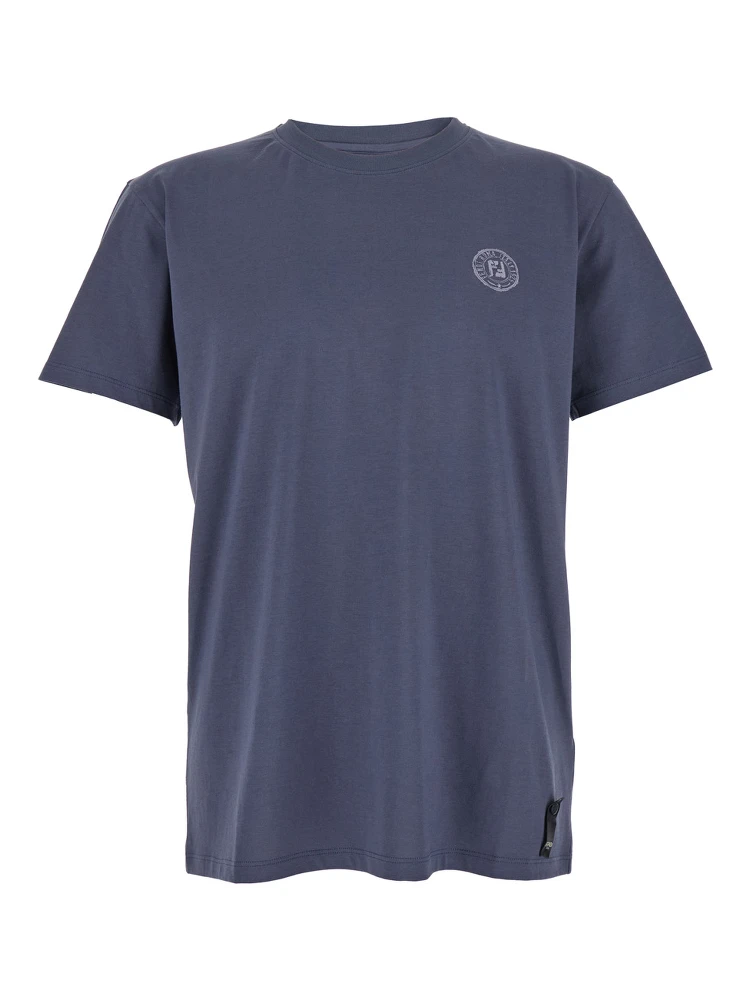 Blue Crewneck T-Shirt with Logo Print on the Front and Logo Patch on the Rear in Cotton Man