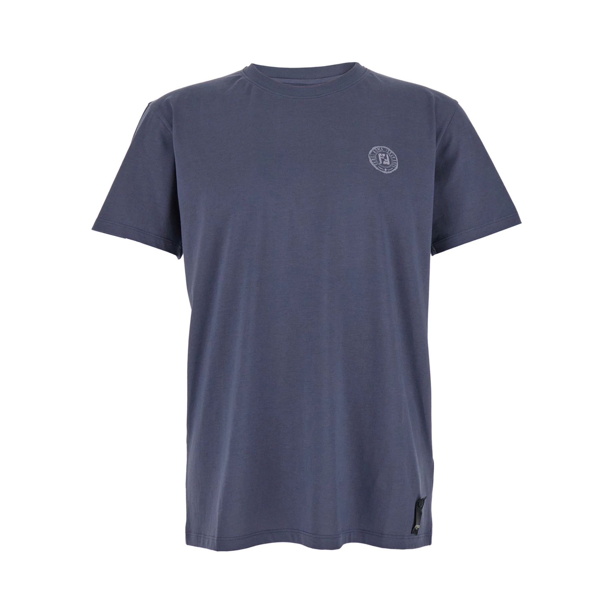 Blue Crewneck T-Shirt with Logo Print on the Front and Logo Patch on the Rear in Cotton Man