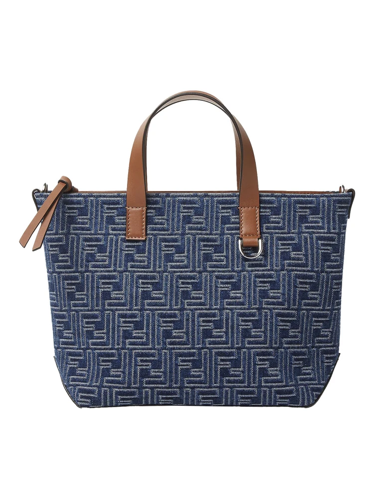 Blue Shopper With Top Handles And All-Over FF Motif In Cotton Man