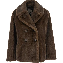 Laura Brown Double-Breasted Jacket with Wide Notched Revers in Ecofur Woman