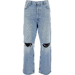 Light Blue Jeans with Ripped Details on the Front and Logo Patch on the Front in Denim Man