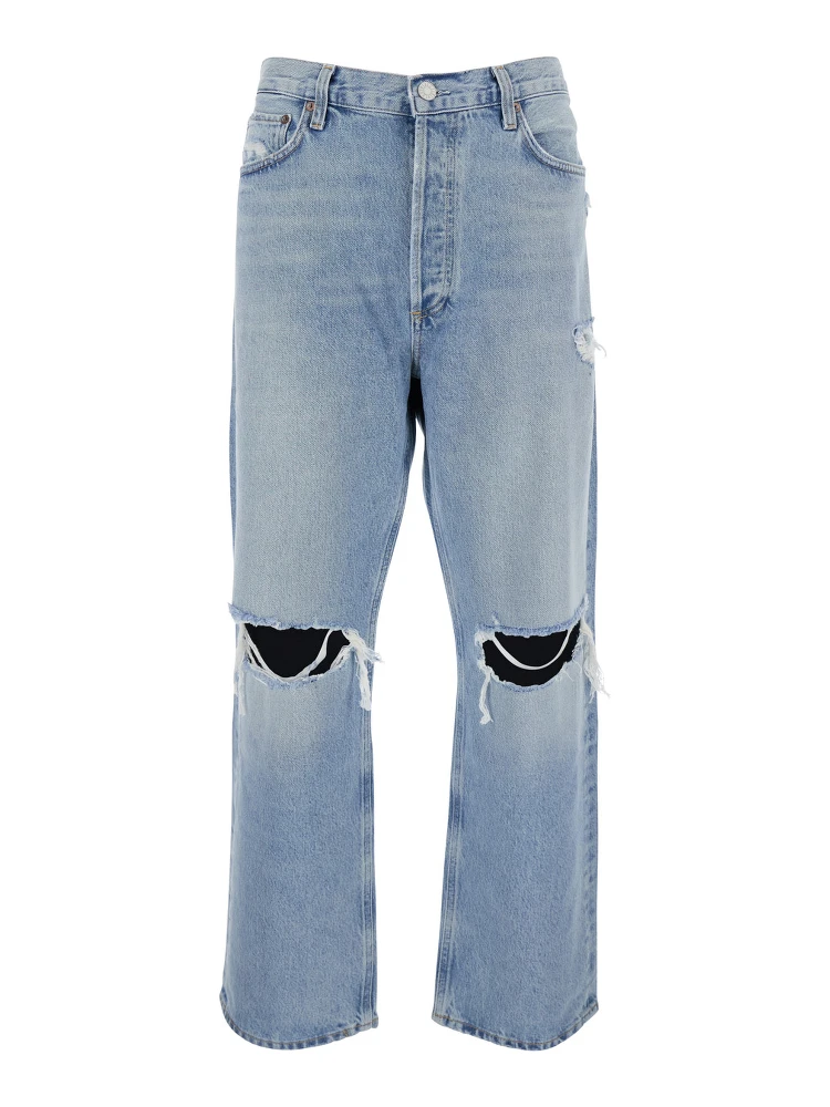 Light Blue Jeans with Ripped Details on the Front and Logo Patch on the Front in Denim Man