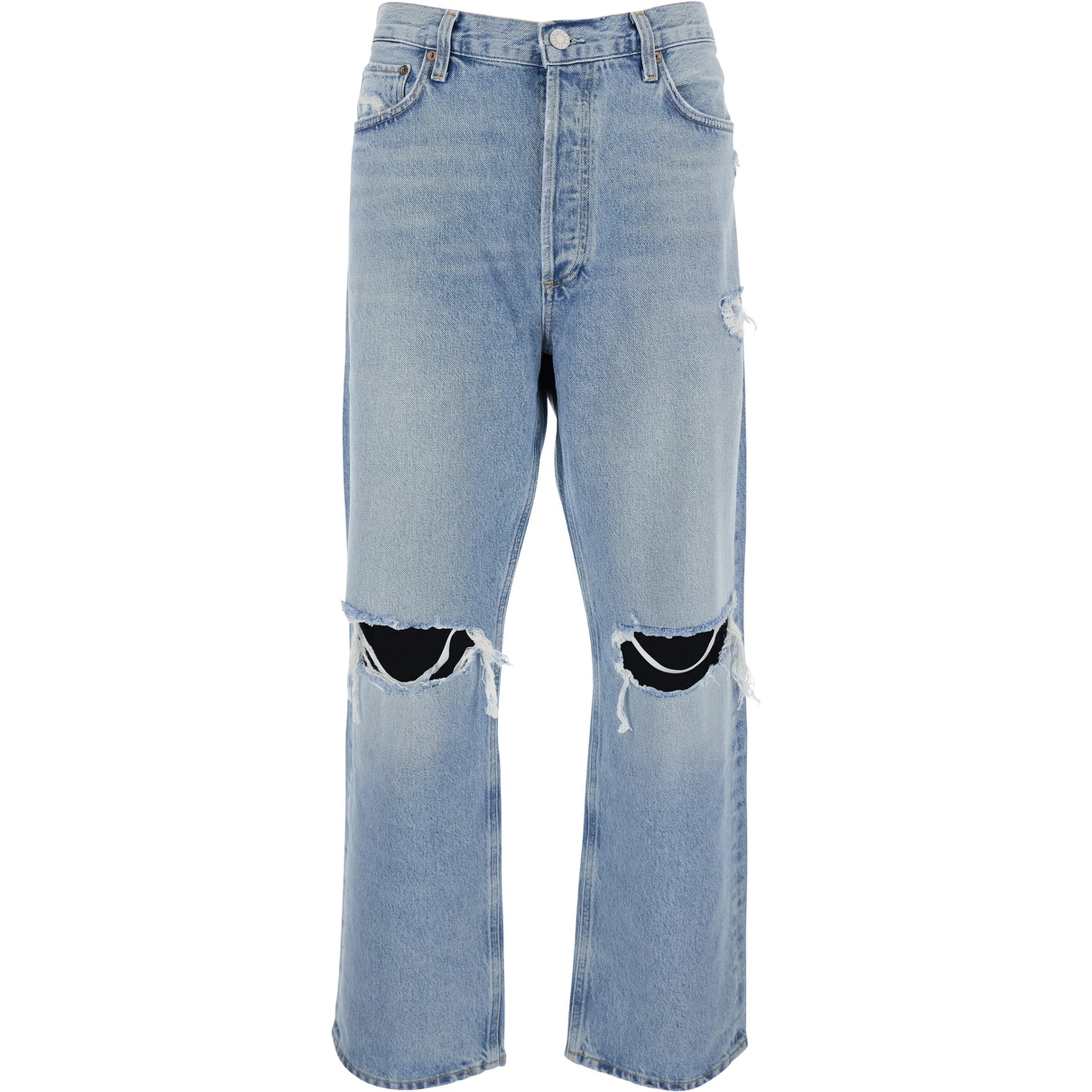Light Blue Jeans with Ripped Details on the Front and Logo Patch on the Front in Denim Man