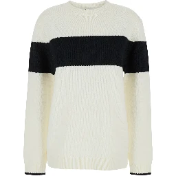 White Sweater with Contrasting Stripe in Cotton Blend Woman