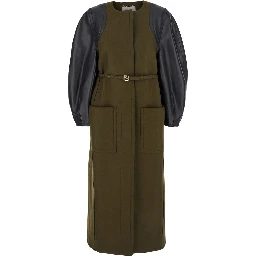 Green Crewneck Coat with Puffed Leather Sleeves and Belt with FF Plaque in Wool and Viscose Woman