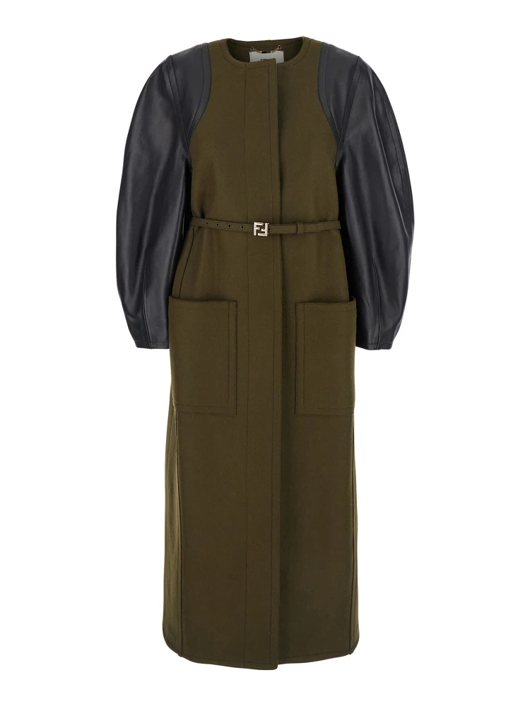 Green Crewneck Coat with Puffed Leather Sleeves and Belt with FF Plaque in Wool and Viscose Woman